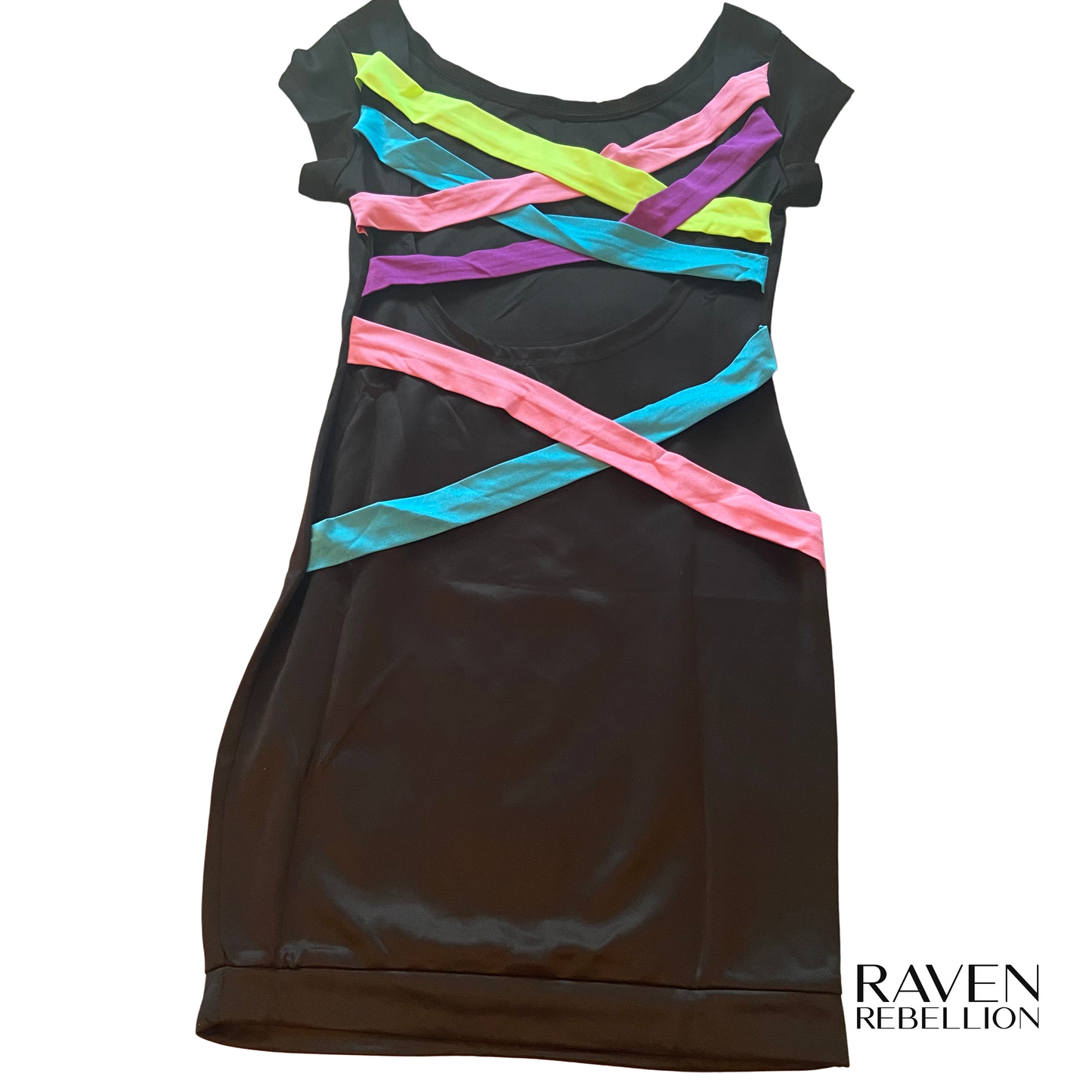 Black Mini Dress with Neon Straps on Back